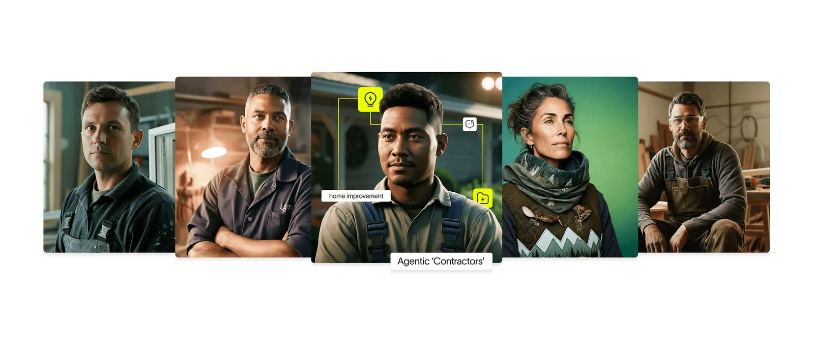Illustration of diverse AI-generated contractor personas, each representing different trades and backgrounds, connected through a digital network symbolizing Vurvey's People Model™